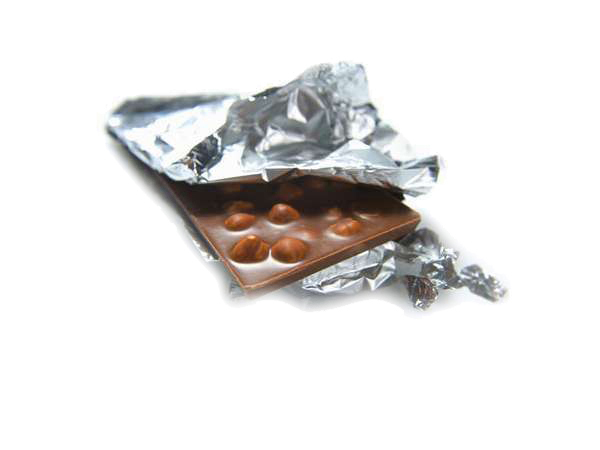 Opened bar of chocolate with nuts