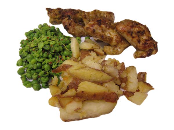 chicken, peas, potatoes